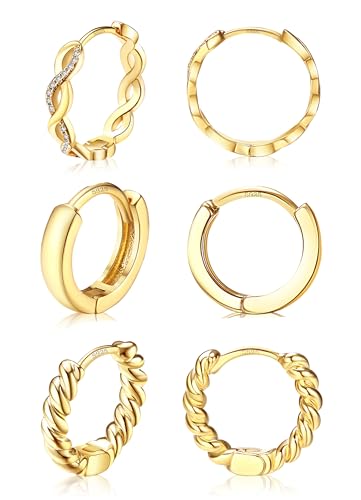 Dochais 3 Paare Ohrringe Gold Creolen Gold Creolen Silber Damen Ohrringe Sterling Silber Creolen Ohrringe Set Kleine Creolen Set für Damen Herren Hypoallergene Leichte Kleine Silber Creolen 13/15/20mm von Dochais