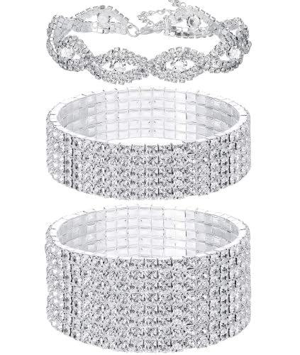 Dochais 3 Pcs Strass Stretch Armbänder für Frauen, Legierung Strass Armbänder einstellbare Größe, Braut funkelnde Hochzeit Armbänder, Strand Tennis Armband Set, Silber Armbänder für Damen Männer Braut von Dochais