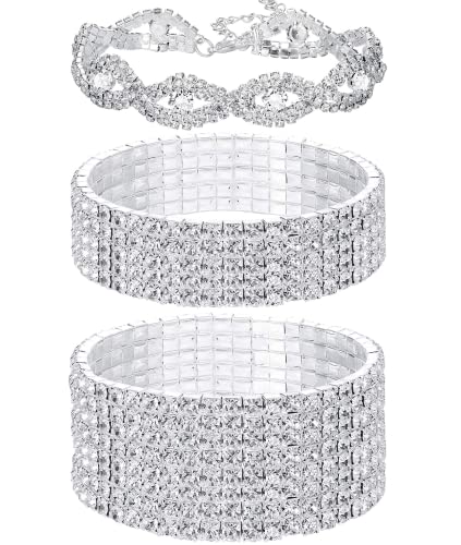 Dochais 3 Pcs Strass Stretch Armbänder für Frauen und Männer - Legierung, Einstellbare Größe, Funkelnde Hochzeit, Strand, Tennis Set - Silber von Dochais