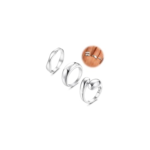 Dochais 3 Stück Gold Ring Damen, 14K Vergoldete Ringe Set, Chunky Rings,Gold Verstellbare Ringe, Fingerring Einfacher Bandring Stapelbare Offene Golden Ring für Frauen Mädchen Größe 52-60 (silver, 60) von Dochais