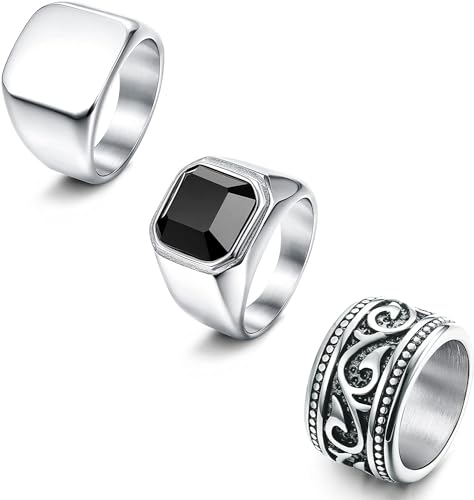 Dochais 3 Stück Ringe Herren Edelstahl Ring Silber Vintage Ringe Schwarz Onyx Siegelring Herren Gravur Gothic Biker Ringe Set für Papa Vater Schmuck Geschenk von Dochais