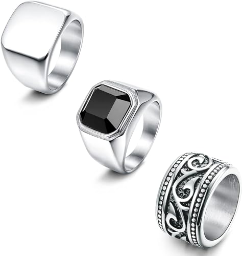 Dochais 3 Stück Edelstahl Ringe Set für Herren - Silber Vintage Ring, Schwarz Onyx Siegelring, Gothic Biker Schmuck - Gravur Geschenk für Papa Vater von Dochais