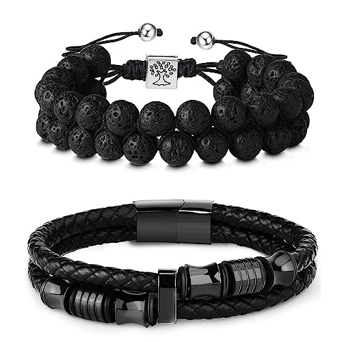 Dochais 2 Stück Armband Herren in Schwarz, Lederarmband Magnetverschluss aus Edelstahl, Lavastein Armband mit gravur für Herren Geschenkidee von Dochais