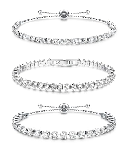 Dochais 3 Stück Tennis Armband Damen Silber Zirkonia Armbänder Diamant Armband Damen Armbänder Glitzer Tennisarmbänder Strass Kristalle Set für Frauen Mädchen Ehefrau Mutter Schmuck Geschenk D von Dochais