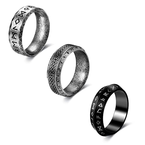 Dochais 3 Stück Wikinger Ringe Herren Edelstahl, Herren Ringe Nordische Mythologie, Keltischer Knoten Ring Herren, Viking Runen Ring, Vintage Ring Herren, Bandring Herren für Männer Frauen Größe 8 von Dochais