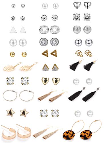 Dochais 30 Paar Ohrstecker Silber Gold für Damen, Kleine Ohrringe Set Rund Herz Mond Perle Zirkon Tropfen Troddel Quasten Ohrringe Baumeln Böhmische Piercing Schmuck für Frauen Mädchen Geschenk von Dochais