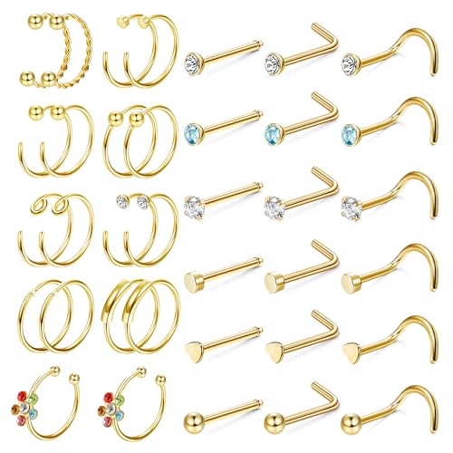 Dochais 36 Stück Nasenstecker L Form, Nasenstecker Edelstahl, Nasenring Gold, Nasenpiercing Stecker Klein, Nasenring Piercing Set, Nasenringe Hoop Septum Ringe für Frauen Männer 20G von Dochais