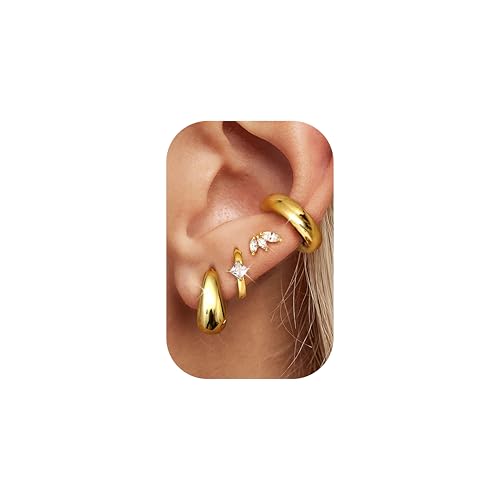 Dochais 4 Paar Ohrringe Gold/Silber Set für Damen 316L Chirurgenstahl Creolen Ear Cuff 16K Vergoldetes Hypoallergene Cubic Zirkonia Ohrstecker Huggie Goldene Ohrringe Mehrfache Piercings von Dochais