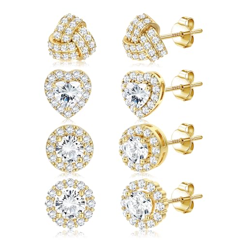 Dochais 4 Paar Ohrringe Silber 925 für Damen Herren Ohrstecker Silber 925 Klein Hypoallergenes Ohrringe Stecker Silber Zirkonia 14 Karat Vergoldet Ohrstecker für Frauen Männer Gold A von Dochais