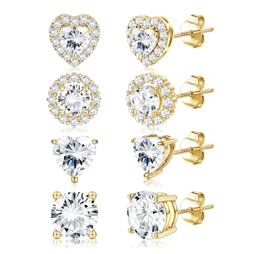 Dochais 4 Paar Ohrringe Silber 925 für Damen Herren Ohrstecker Silber 925 Klein Hypoallergenes Ohrringe Stecker Silber Zirkonia 14 Karat Vergoldet Ohrstecker für Frauen Männer Gold B von Dochais