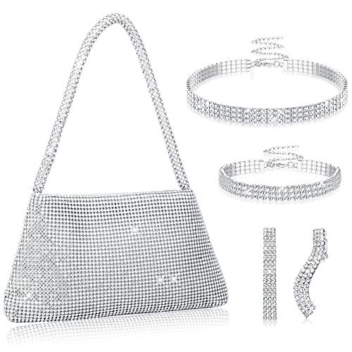 Dochais 4 Stück Damen Glitzer Clutch Abendtasche, Elegant Handtasche mit Strass, mit Diamant Halskette Armbänder Ohrringe, Clutch Abendtasche Silber für Abschlussball Party Hochzeit von Dochais