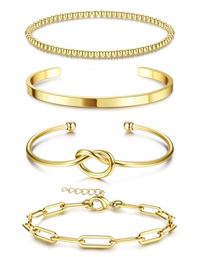Dochais 4 Pcs Armband Damen Gold, Ketten Armbänder Für Damen, Vergoldet 18k, Verstellbares Gold, Twist Büroklammer Goldperlen von Dochais