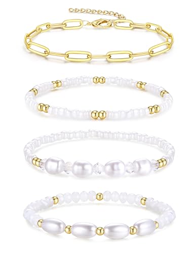 Dochais 4 Stück Armband Gold 14k Vergoldet - Edelstahl Damen Armkette Mit Perlen, Verstellbar Boho für Frauen und Mädchen von Dochais