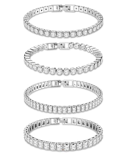 Dochais 4 Stück Tennis Armband Damen Silber, Diamant Armband Damen, Armband Zirkonia, Glitzer Armband Damen, Armband Damen Strass für Frauen Mädchen Mutter Ehefrau Schmuck Geschenk 19cm von Dochais