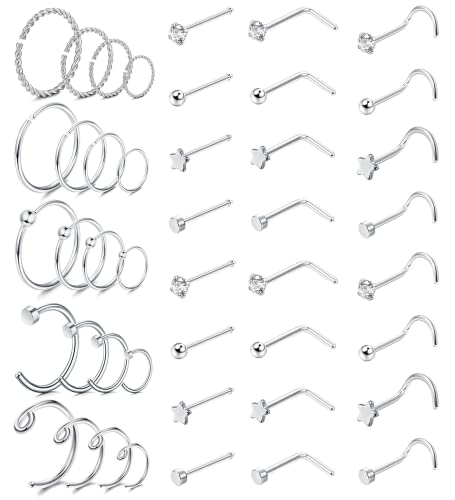 Dochais 44 Stück Nasenstecker L Form, Nasenstecker Edelstahl, Nasenring Silber, Nasenpiercing Stecker Klein, Nasenring Piercing Set, Nasenringe Hoop Septum Ringe für Frauen Männer 20G von Dochais