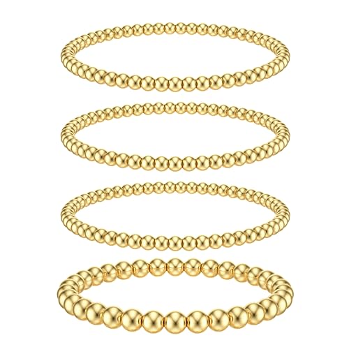 Dochais 4PCS Gold Bead Armbänder, EinstellbareStapelbar Armband Set,Stretch Goldperlen Armbänder Hypoallergene, 14K Karat Vergoldet, Gold Armbänder für Damen und Herren von Dochais