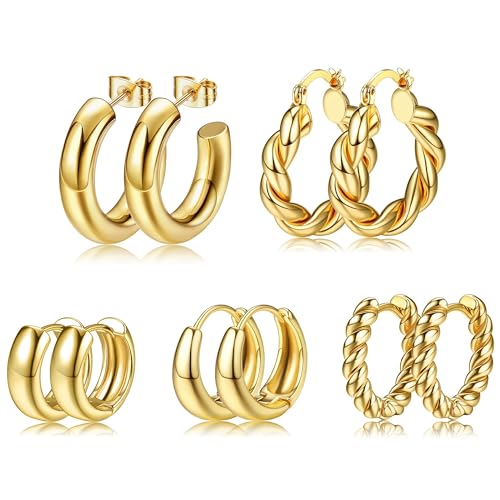 Dochais 5-6 Paar Chunky Hoop Earrings,Gold Creolen Ohrringe,18 Karat Vergoldet Ohrringe Dupes,Tropfen Twisted Huggie Ohrringe,Hypoallergene Hoop Ohrringe für Damen Frauen Mädchen (Gold) von Dochais