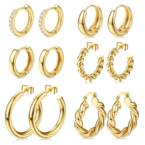 Dochais 5-6 Paar Chunky Hoop Earrings,Gold Creolen Ohrringe,18 Karat Vergoldet Ohrringe Dupes,Tropfen Twisted Huggie Ohrringe,Hypoallergene Hoop Ohrringe für Damen Frauen Mädchen (Gold 18k) von Dochais