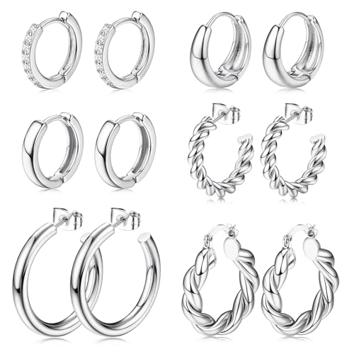 Dochais 5-6 Paar Chunky Hoop Earrings,Gold Creolen Ohrringe,18 Karat Vergoldet Ohrringe Dupes,Tropfen Twisted Huggie Ohrringe,Hypoallergene Hoop Ohrringe für Damen Frauen Mädchen (Silber Platin) von Dochais