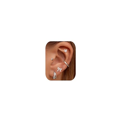Dochais 5 Paar Ohrringe Silber Set für Damen Ohrringe Chirurgenstahl Hypoallergene Ohrring Creolen Silber Schmetterling Schleifen Ohrstecker Klein Helix Knorpel Cartilage Piercing Ohr Schmuck A von Dochais