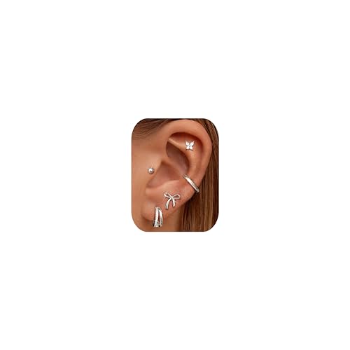 Dochais 5 Paar Ohrringe Silber Set für Damen Ohrringe Chirurgenstahl Hypoallergene Ohrring Creolen Silber Schmetterling Schleifen Ohrstecker Klein Helix Knorpel Cartilage Piercing Ohr Schmuck B von Dochais