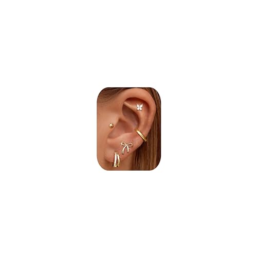Dochais 5 Paar Ohrringe Gold Set für Damen Ohrringe Chirurgenstahl Hypoallergene Ohrring Creolen Gold Schmetterling Schleifen Ohrstecker Klein Helix Knorpel Cartilage Piercing Ohr Schmuck B von Dochais