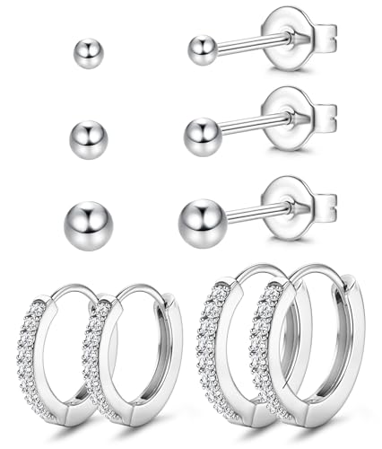 Dochais 5 Paar 316L Chirurgenstahl Ohrringe, Ohrstecker Silber Set, Creolen Klein 10mm 12mm, Hypoallergene Ohrstecker Ball Schlafen Knorpel Huggie Hoop Ohrringe für Damen Herren von Dochais