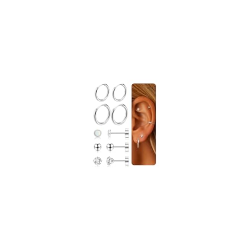 Dochais 5 Paar Ohrringe Silber Set für Damen Titan Ohrringe Stecker Creolen Set Hypoallergene Zirkonia Opal Ball Ohrstecker Knorpel Helix Couch Piercing Ohr für Mädchen Frauen 10mm 12mm von Dochais
