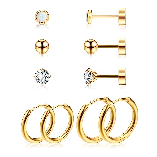 Dochais 5 Paar Ohrstecker Titan Damen Set, Titan Ohrringe Stecker, Creolen Gold Set, Ohrstecker Piercing Knorpel, Hypoallergene, Zirkonia Opal Ball Ohrstecker für Mädchen Frauen Herren 10mm 12mm von Dochais