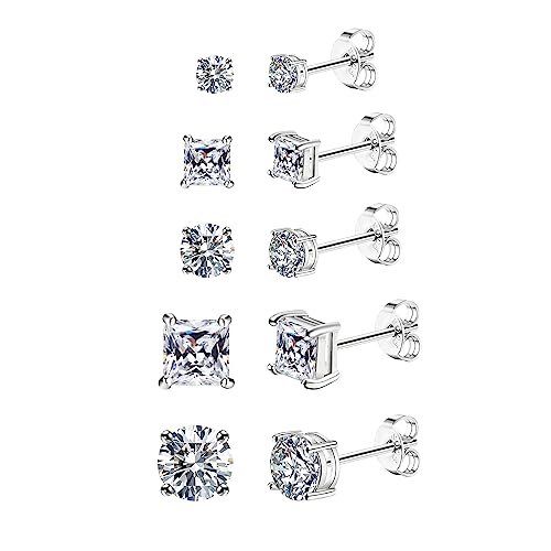 Dochais 5 Paare 925 Silber Ohrringe Set, Diamant Ohrring Stecker, Rund Quadratisch Cubic Zirkonia Ohrringe, Hypoallergene Ohrstecker Ohrschmuck für Damen Herren 3, 4, 5, 6, 8mm von Dochais