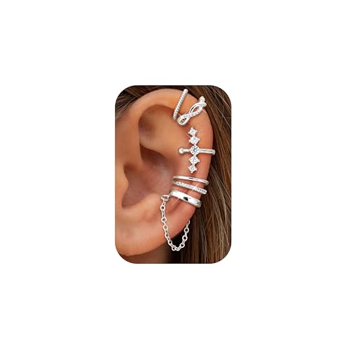 Dochais 5 Stück Ear Cuff Silber für Damen Ohrmanschette Ohne Ohrloch Fake Helix Piercing Clip Ear Cuff Wrap Earcuff Set Silber Ohrringe Fakepircings Ohrringe Manschette Knorpel Earcuffs für Mädchen D von Dochais