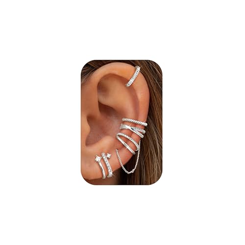 Dochais 5 Stück Ear Cuff Silber für Damen Ohrmanschette Ohne Ohrloch Fake Helix Piercing Clip Ear Cuff Wrap Earcuff Set Silber Ohrringe Fakepircings Ohrringe Manschette Knorpel Earcuffs für Mädchen C von Dochais