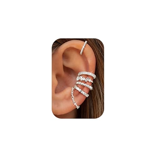 Dochais 5 Stück Ear Cuff Silber für Damen Ohrmanschette Ohne Ohrloch Fake Helix Piercing Clip Ear Cuff Wrap Earcuff Set Silber Ohrringe Fakepircings Ohrringe Manschette Knorpel Earcuffs für Mädchen A von Dochais