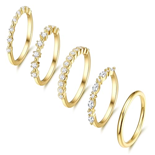Dochais 5 Stück Gold Ring Damen, Stapelbare Ringe Wasserfest, 14K Goldene Vergoldete Zirkonia Diamant Ring Frauen, Knöchelringe Daumenring Fingerring Statement Ring Set Schmuck Geschenke, Größe 49-62 von Dochais