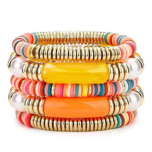 Dochais 5 Stücke Boho Armband Perlenarmband Damen Mehrschichtiges Armband mit Kristalle Stapelbare Perlenarmbänder Acryl Armband Armband Bohemian Sommer Strand Schmuck (Orange) von Dochais