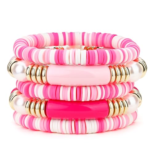 Dochais 5 Stücke Boho Armband Perlenarmband Damen Mehrschichtiges Armband mit Kristalle Stapelbare Perlenarmbänder Acryl Armband Armband Bohemian Sommer Strand Schmuck (Rosa) von Dochais