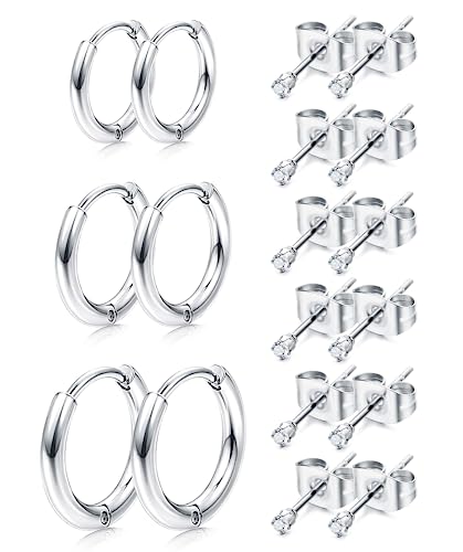 Dochais 6-9 Paar Ohrring Gold Silber, 14K Gold Plattiert Cubic Zirkonia Runde Ohrstecker, Hypoallergene Knorpel Huggie Hoop Ohrringe, 316L Chirurgenstahl Ohrringe, Mehrfach-Piercing (D, 9 Paare) von Dochais