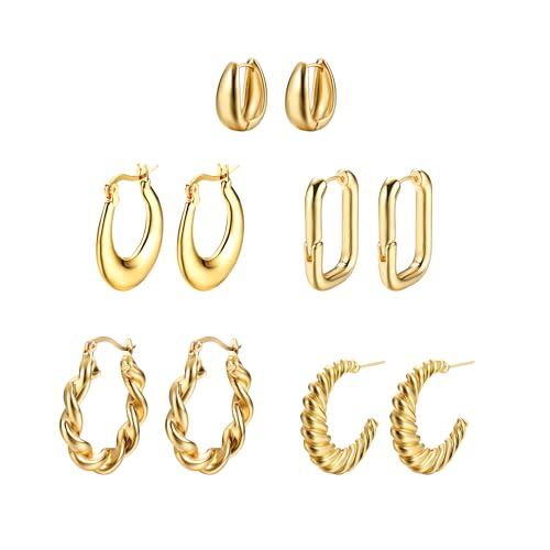 Dochais Gold Creolen Set - 5 Paar 18K Ohrringe Dupes, Hypoallergene Vergoldete Chunky Hoops, Dicke Creolen für Damen und Mädchen von Dochais