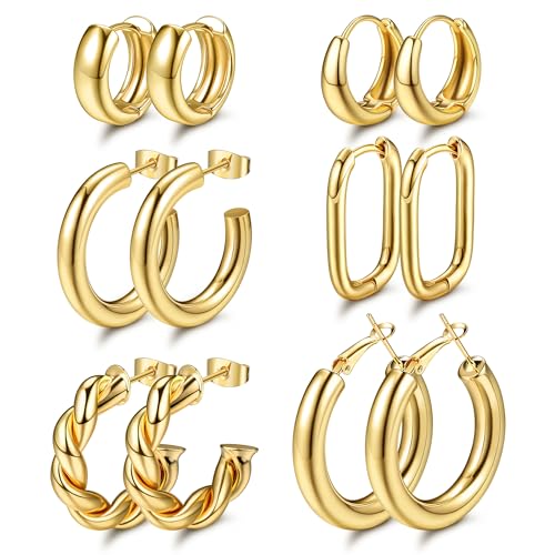 Dochais 6 Paar Gold Creolen Ohrringe Set, Ohrringe Vergoldet 14K, Creolen Gold Klein, Hypoallergen Ohrringe Creolen Zirkonia, Gold Hoop Earrings, Twist Huggie Ohrringe für Frauen Damen Gold von Dochais