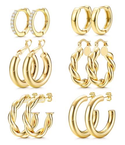 Dochais 6 Paar Gold Creolen Ohrringe Set Ohrringe Vergoldet 14K Creolen Gold Klein Hypoallergen Ohrringe Creolen Zirkonia Gold Hoop Earrings Huggie Twist Ohrringe für Damen Fraue Gold von Dochais