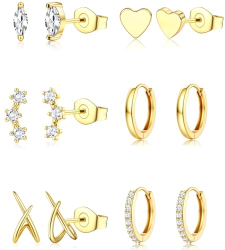Dochais 6 Paar Ohrringe Für Damen, 14 Karat Vergoldet Hypoallergene Creolen Huggie Ohrstecker Chirurgischer Stahl 316l Ohrring Set Gold C von Dochais