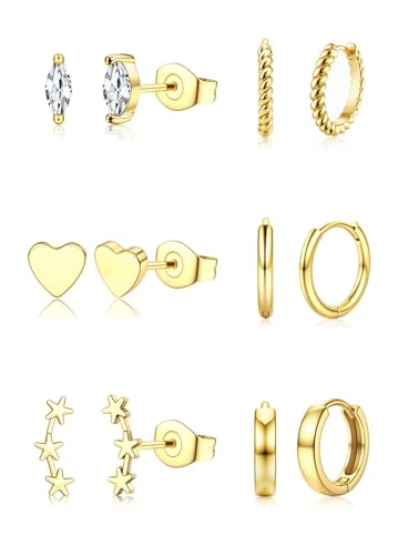 Dochais 6 Paar Ohrringe Für Damen, 14 Karat Vergoldet Hypoallergene Creolen Huggie Ohrstecker Chirurgischer Stahl 316l Ohrring Set Gold E von Dochais
