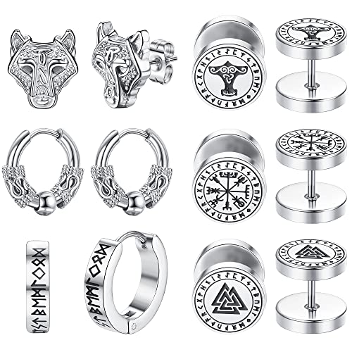 Dochais 6 Paar Damen Ohrringe Männer Ohrstecker,Punk Ohrringe Wikinger Viking Wolfskopf Kompass,10-12mm Edelstahl Ohrringe Tunnel Plug Ohrringe Creolen Ohrstecker für Damen Herren (Silber) von Dochais