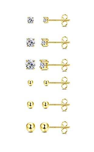 Dochais 6 Paar Sterling Silber Ohrstecker für Frauen, Cubic Zirconia Ohrstecker, Tiny Ball Stud Hypoallergenic Ohrringe, kleine Tragus Knorpel Ohrringe Set für Männer Mädchen Gold von Dochais