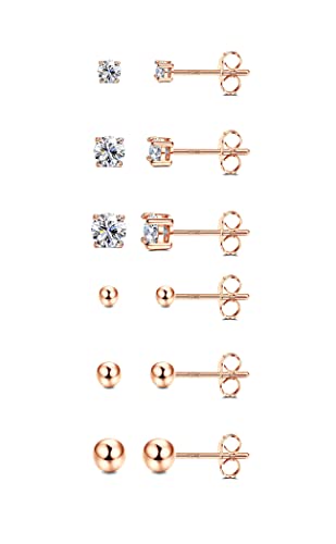 Dochais 6 Paar Sterling Silber Ohrstecker für Frauen, Cubic Zirconia Ohrstecker, Tiny Ball Stud Hypoallergenic Ohrringe, kleine Tragus Knorpel Ohrringe Set für Männer Mädchen Rose Gold von Dochais