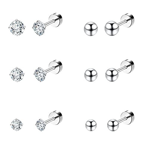 Dochais 6 Paare Ohrstecker Set Titan Damen, Silber Ohrringe Stecker Herren, Hypoallergen Ohrring mit Cubic Zirkonia Rücken Barbell Piercings Ohr Helix Tragus 3 mm/4 mm/5 mm von Dochais