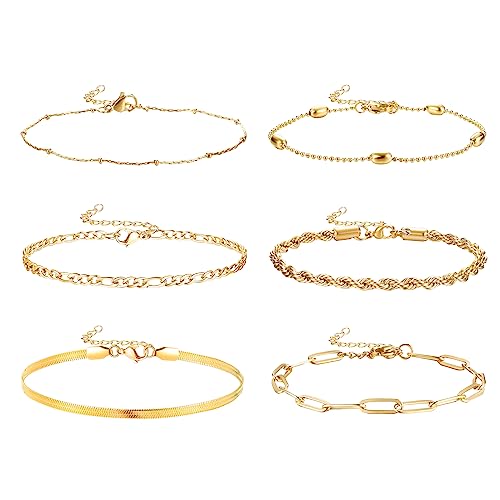 Dochais 6 Stück Kette Armbander Gold für Damen 14 Karat Vergoldet Armkette Mädchen Twist Figaro Kettenarmbänder Verstellbar Modeschmuck Armbänder Set von Dochais