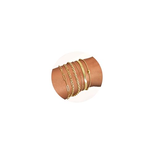 Dochais 6 Stück Kette Armbander Gold für Damen 14 Karat Vergoldet Armkette Mädchen Twist Figaro Kettenarmbänder Verstellbar Modeschmuck Armbänder Set von Dochais