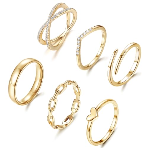 Dochais 6 Stück Goldene Damen Ringe Set, 14K Vergoldet Stapelbare Knöchelringe, Wasserfest Gold Fingerringe für Frauen, Verlobungsring, Komfort Fit Größe 15,8-18,9 von Dochais
