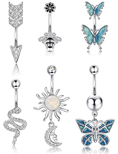 Dochais 6 Stück Piercing Bauchnabel Edelstahl, Piercing Bauchnabel Silber, Bauchnabelpiercing CZ, Piercing Bauchnabel Schmetterling Schlange Biene für Damen Männer 14G 10mm von Dochais